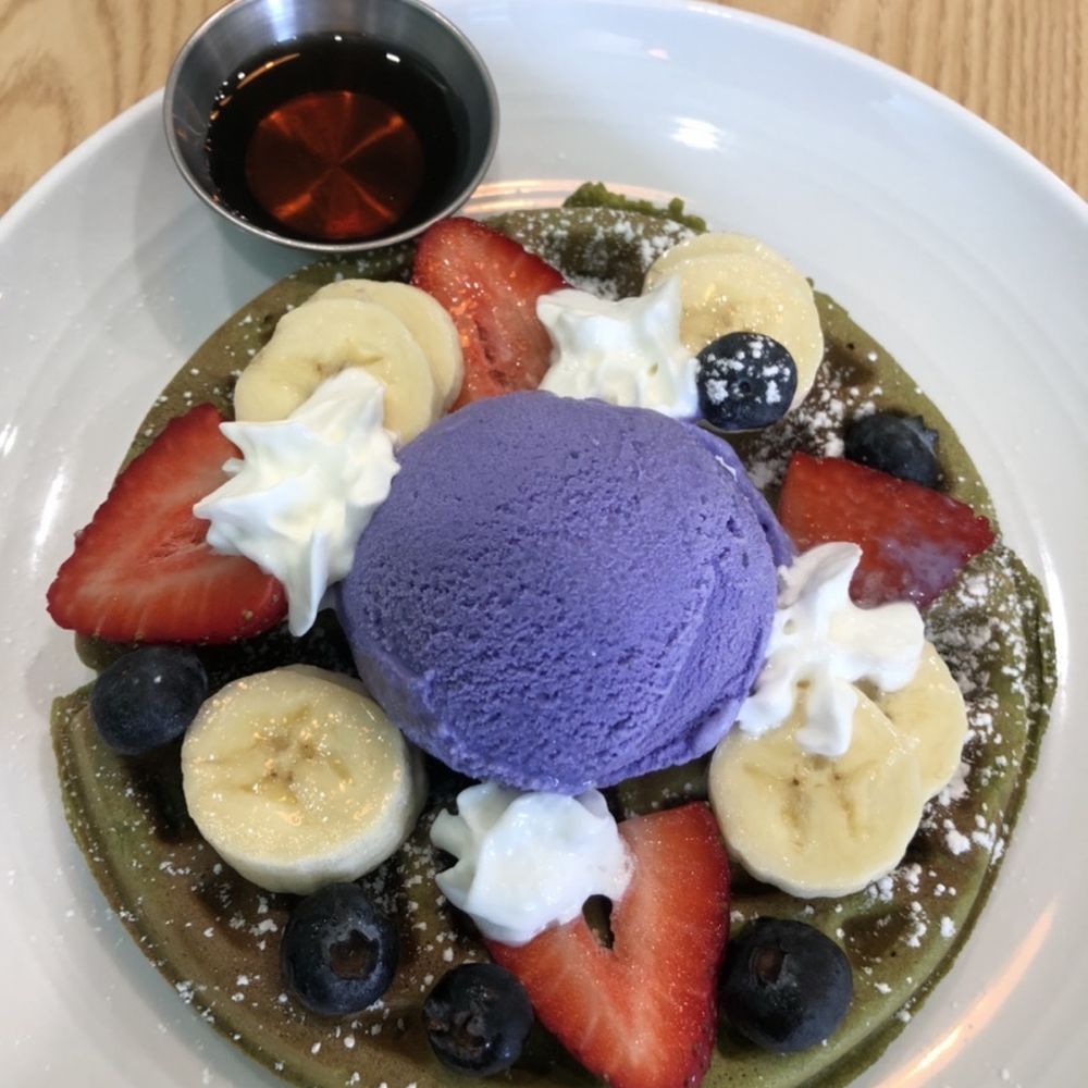 Fresh Bites Hawaii - Matcha Mochi Waffle with Ube Ice cream and Fruit - $11.95 - Poke Near Me - Honolulu, Hawaii Fresh Bites Hawaii - Matcha Mochi Waffle with Ube Ice cream and Fruit - $11.95 - Poke Near Me - Honolulu, Hawaii