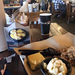 Pulled chicken potato salad and amazing cornbread