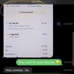 My coworker ordered at 12:06 for 12:30 as well. My coworker ordered at 12:06 for 12:30 as well.