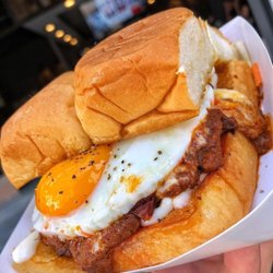 Dog Haus - HANGOVER BURGER - white american cheese, smoked bacon, haus chili, fried egg, mayo