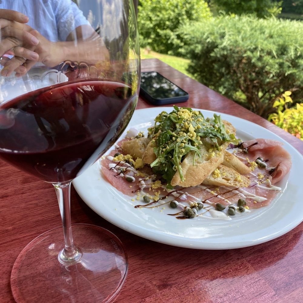 Jolo Winery & Vineyards - Tuna carpaccio & the jolotage reserve in the "big red" glass - Wineries Near Me - Pilot Mountain, North Carolina Jolo Winery & Vineyards - Tuna carpaccio & the jolotage reserve in the "big red" glass - Wineries Near Me - Pilot Mountain, North Carolina