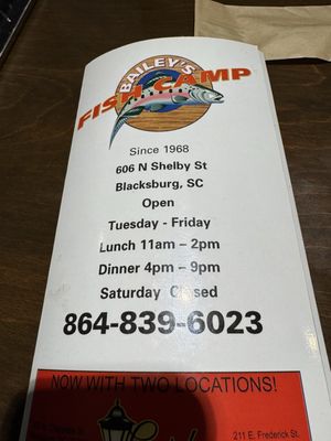 Menu photo 1 Bailey's Fish Camp Blacksburg, SC Menu photo 1 Bailey's Fish Camp Blacksburg, SC