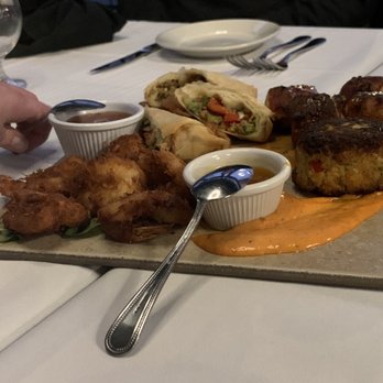 Club Soda - Appetizer sampler with ring of fire shrimp, crab cakes, bacon wrapped scallops, and duck egg roll - Steakhouses Near Me - Fort Wayne, Indiana