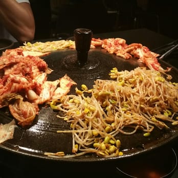 Honey Pig BBQ - Kimchee and bean sprouts on the grill - Korean Near Me - Irvine, California