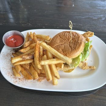 Habitat Feed & Social - Crispy Fried Flounder Sandwich and fries - Bars Near Me - Birmingham, Alabama Habitat Feed & Social - Crispy Fried Flounder Sandwich and fries - Bars Near Me - Birmingham, Alabama