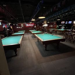 9 pool tables in one room is rare in orange county! High quality cloth on 9ft tables. 9 pool tables in one room is rare in orange county! High quality cloth on 9ft tables.