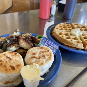 Cafe 222 - Terryls Homemade Angel Biscuit, Griddles Potatoes, and a waffle. Exceptional! - Breakfast & Brunch Near Me - San Diego, California