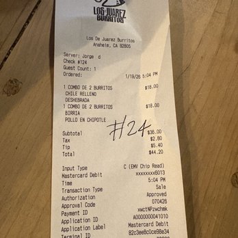 Los De Juarez Burritos - Receipt, ordered a lot and paid a decent amount. - Mexican Near Me - Anaheim, California Los De Juarez Burritos - Receipt, ordered a lot and paid a decent amount. - Mexican Near Me - Anaheim, California