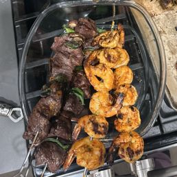 In this pic is 1pb each of the meat and shrimp. 3 skewers of beef (I added peppers and mushrooms) and 12 shrimp. My total was around $54 In this pic is 1pb each of the meat and shrimp. 3 skewers of beef (I added peppers and mushrooms) and 12 shrimp. My total was around $54