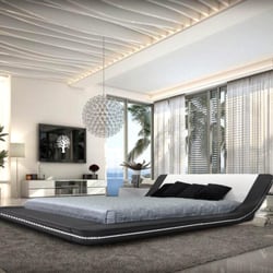 Paramus Furniture and Dinettes - Marquee - Contemporary Leather Platform Bed with LED Lights