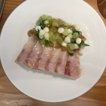 Olive & Rose - amberjack crudo, grape, and cucumber - French Near Me - Long Beach, California Olive & Rose - amberjack crudo, grape, and cucumber - French Near Me - Long Beach, California