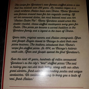Giordano's - Menu as of 10/5/2016, with a summary of their story. - Pizza Near Me - Rosemont, Illinois