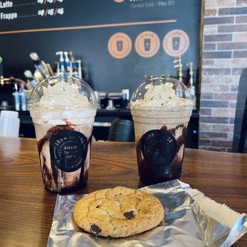 Java House  - Mocha Frappe with Dark chocolate drizzle and Java whipped cream with a chocolate chip cookie. - Coffee & Tea Near Me - Carmel, Indiana