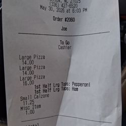 Tiano Pizza - Paid extra for Ham and Pepperoni on one Pie, never got it.