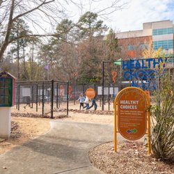 The Poe Center's onsite, newly-renovated PlayWELL Park. Pictured is the MindWELL Garden and Labyrinth and the Healthy Choices Maze.