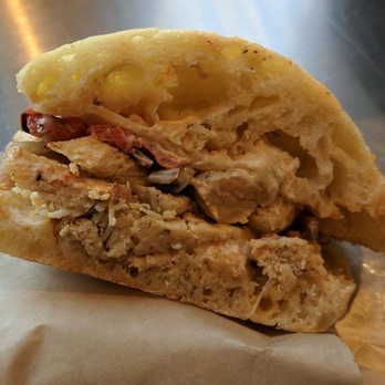 Biankini's - #12 Chipotle Chicken Fajitas & Monterey Jack on a Ciabatta w caramelized onion & grilled red peppers. Very good. Ciabatta was fire. - Salad Near Me - Bozeman, Montana