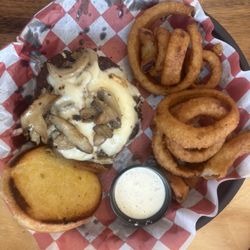 Sharky's - Mushroom & Swiss w/ Onion Rings