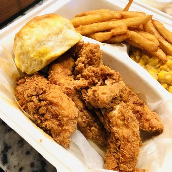 Mike's Chicken - Four Tenders with a biscuit, fries, and "creamy corn". - Chicken Shop Near Me - Dallas, Texas Mike's Chicken - Four Tenders with a biscuit, fries, and "creamy corn". - Chicken Shop Near Me - Dallas, Texas