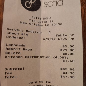 Sofia - That a new one - kitchen appreciation FEE!! - Italian Near Me - New Orleans, Louisiana