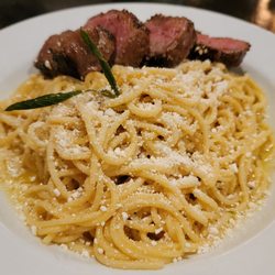 The Barrel Steak & Seafood House - Spaghetti with browned butter & mizithra and steak