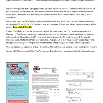 High Tide Plumbing - Attached is a summary of events and High Tide plumbing bill.... - Plumbing Near Me - D'iberville, Mississippi