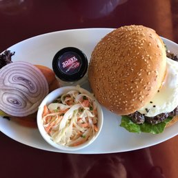 Single patty Swiss beef burger with fried egg and garlic mayo