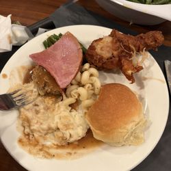Plain & Fancy Farm Restaurant - My order of ham, fried chicken, butter pasta, mashed potatoes, ham, green beans, meatloaf, and a bread roll