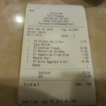 Indian Wok - my bill - Hakka Near Me - Burnaby, British Columbia