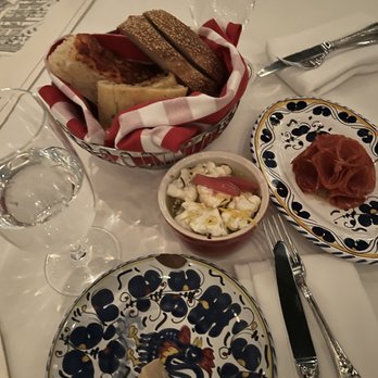Carbone - Bread basket, pickled cauliflower, spicy salami, Parmesan - Italian Near Me - New York, New York Carbone - Bread basket, pickled cauliflower, spicy salami, Parmesan - Italian Near Me - New York, New York