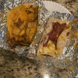 Potato, chorizo and cheese and bacon and egg with cheese Potato, chorizo and cheese and bacon and egg with cheese