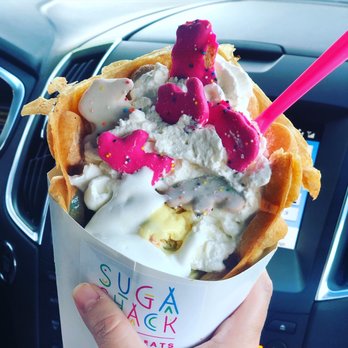 Suga Shack - Bubble waffle with birthday cake ice cream topped with Circus animal cookies and marshmallow cream. - Desserts Near Me - Bakersfield, California