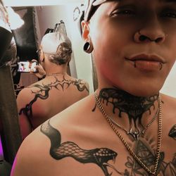 Cameron did my Throat and my Chest/Back tattoo. I get a ton of compliments and I have to say my Death Moth is by far my favorite piece