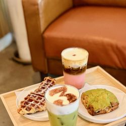 3Thyme - Sweet Cream Matcha, Rose Cream Latte, Sugar Croffle, matcha date pastry