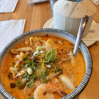 Luck Gai Cafe - Tom Kha Shrimp (add noodles). Coconut drink - Chicken Shop Near Me - Anaheim, California