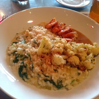 Tappo - Spinach risotto with grilled shrimp lobster beurre blanc and roasted cauliflower - Wine Bars Near Me - Buffalo, New York Tappo - Spinach risotto with grilled shrimp lobster beurre blanc and roasted cauliflower - Wine Bars Near Me - Buffalo, New York