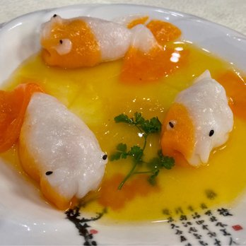 Neptune Seafood Restaurant - Fish - Mixed seafood dumpling (the water is probably made of purée pumpkin soup/glaze) - Seafood Near Me - Burnaby, British Columbia