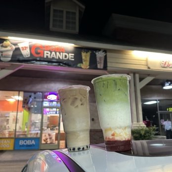 MOONBEAM Kitchen & Boba - Large Lavender milk tea with boba, and Large Strawberry Matcha Milk Tea with Egg Custard in front of Boba Grande entrace - Bubble Tea Near Me - Santa Maria, California