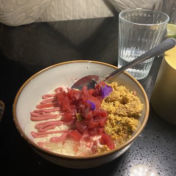 De Noche - Tres leches dessert with poached apples and bee pollen  crumble - Mexican Near Me - Portland, Oregon