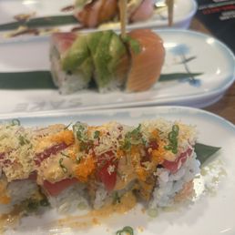 Top:Pink Lady Roll Middle: Rainbow Roll Bottom: Dancing Tuna Roll Top:Pink Lady Roll Middle: Rainbow Roll Bottom: Dancing Tuna Roll