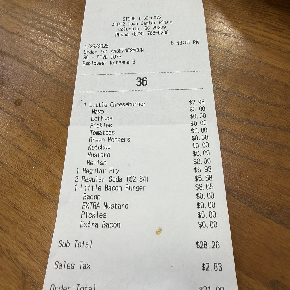 Five Guys - Receipt - Burgers Near Me - Columbia, South Carolina Five Guys - Receipt - Burgers Near Me - Columbia, South Carolina