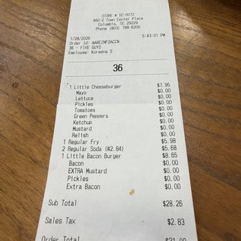 Five Guys - Receipt - Burgers Near Me - Columbia, South Carolina Five Guys - Receipt - Burgers Near Me - Columbia, South Carolina