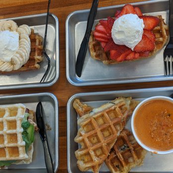 Waffle Love - Top: Banana Cream Pie The Works Bottom: Avocado Ranch Bacon Sandwich Tomato Bisque Soup and Grilled Cheese - Waffles Near Me - Round Rock, Texas Waffle Love - Top: Banana Cream Pie The Works Bottom: Avocado Ranch Bacon Sandwich Tomato Bisque Soup and Grilled Cheese - Waffles Near Me - Round Rock, Texas