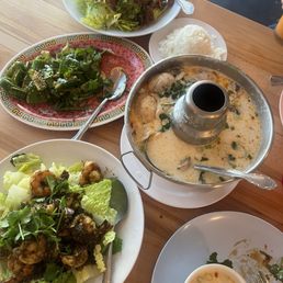 Thai food spread: TOM KHA CHICKEN, GARLIC PEPPER Thai food spread: TOM KHA CHICKEN, GARLIC PEPPER