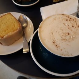 Lemon cake and chai latte. Lemon cake and chai latte.