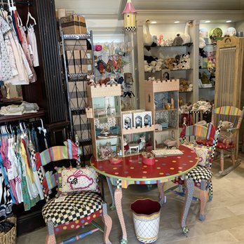 Blue Leaf - Maileg pieces on a Childs table and chairs from MacKenzsie-Childs with our selection of stuffed animals from Jellycat! - Home Decor Near Me - Houston, Texas