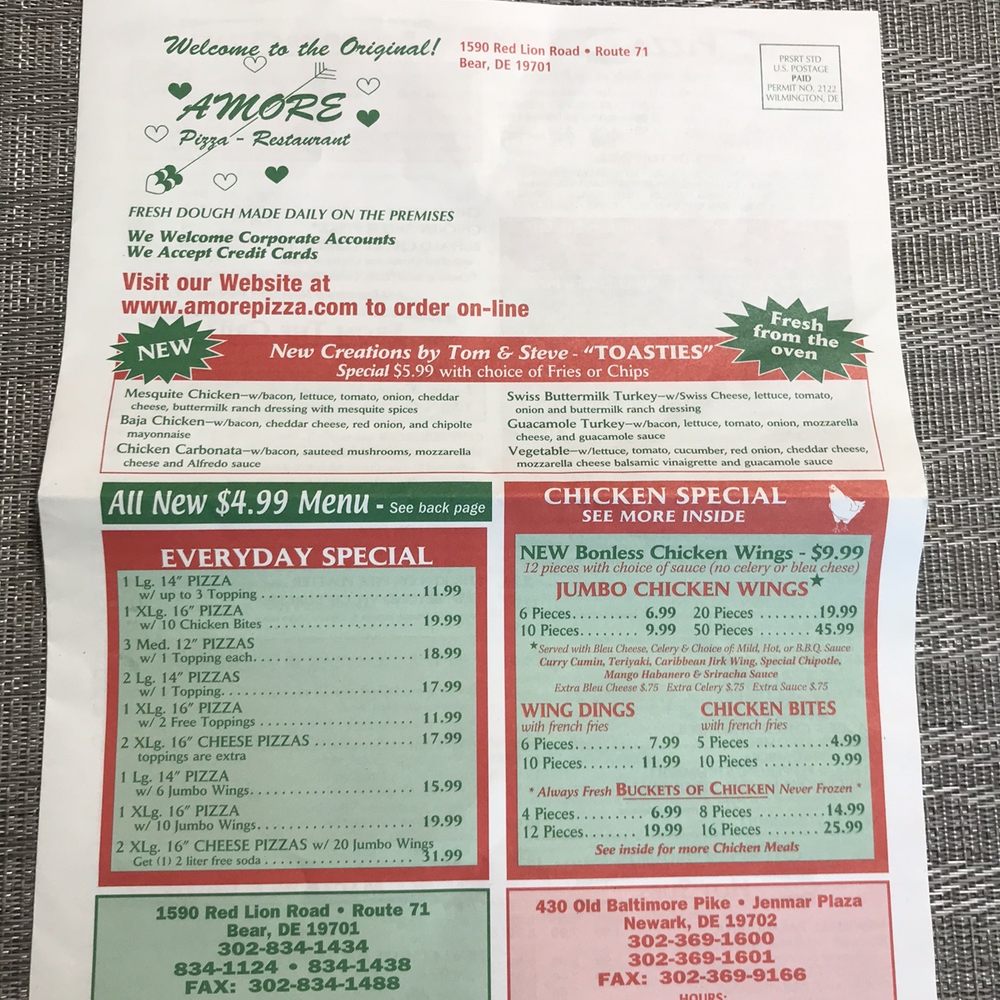 Amore Pizza - Menu Pg. 1 - Pizza Near Me - Newark, Delaware