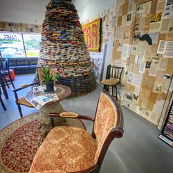 The Book Rescuers - Interesting seating area by artistic book sculpture!!!