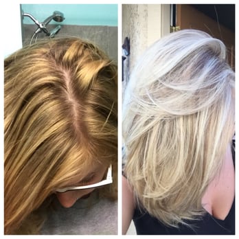 Bloom Salon - Before orange and brassy, after visiting bloom salon perfect blonde :) - Hair Salons Near Me - Glendale, Arizona