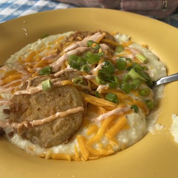 Julia Belle's - Fried Green Tomato appetizer (with cheesy grits) - Southern Near Me - Florence, South Carolina Julia Belle's - Fried Green Tomato appetizer (with cheesy grits) - Southern Near Me - Florence, South Carolina