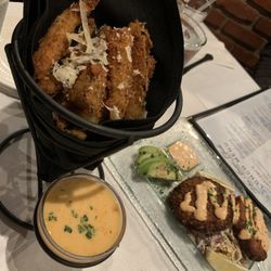 The Bear Club - Fried Zucchini Sticks w/ Apricot- Mustard Sauce & Dungeness Crab Cakes over Spicy slaw, Remoulade sauce
